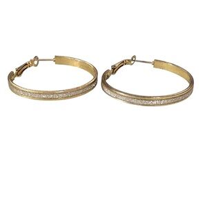 Gold Tone Glitter Hoop Earrings Sparkle Shimmer Medium Size Costume Jewelry